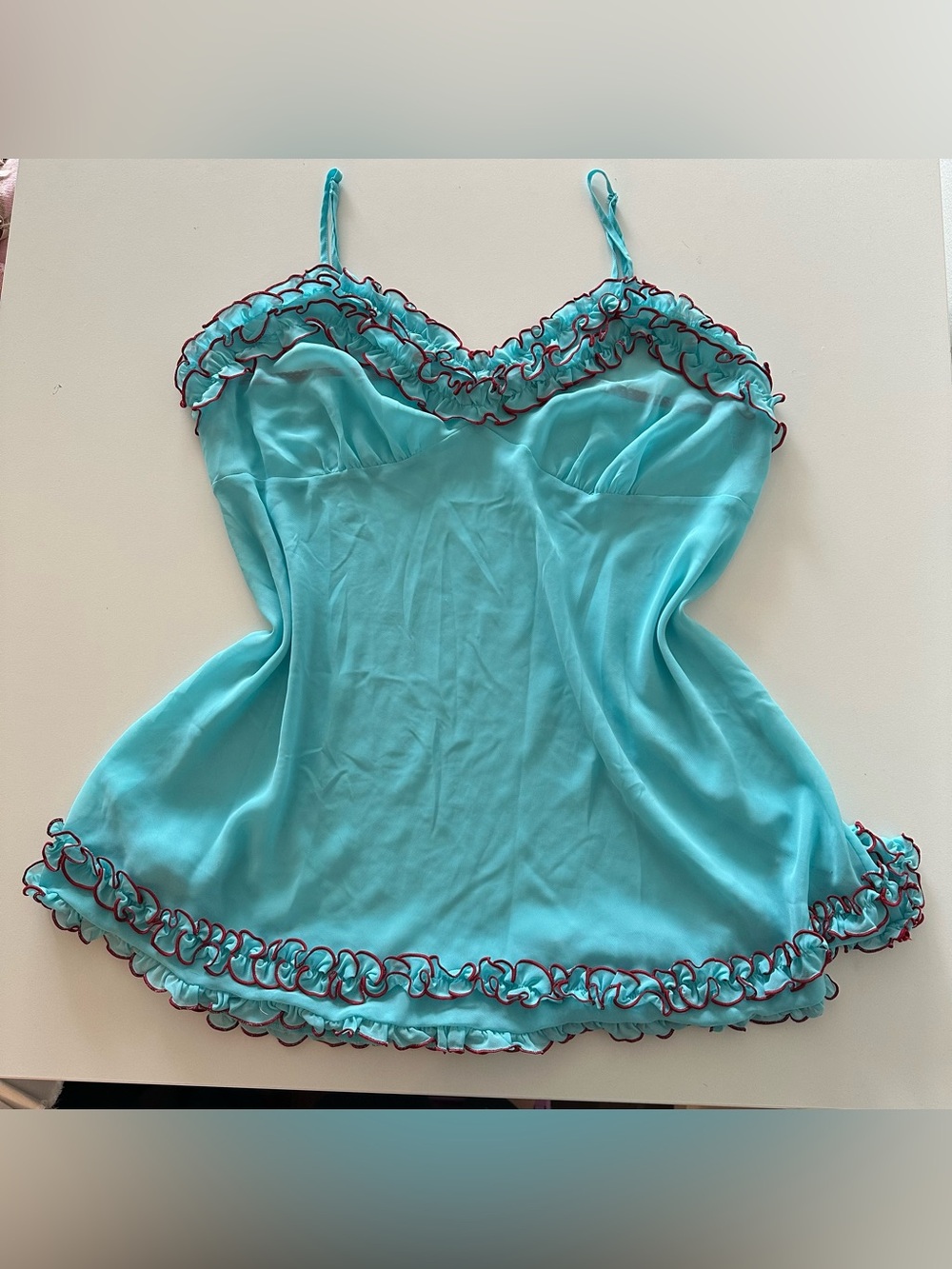 Y2K Cacique Chemise Ruffle Blue Babydoll Slip Dress Micro Sheer Sabrina 14/16